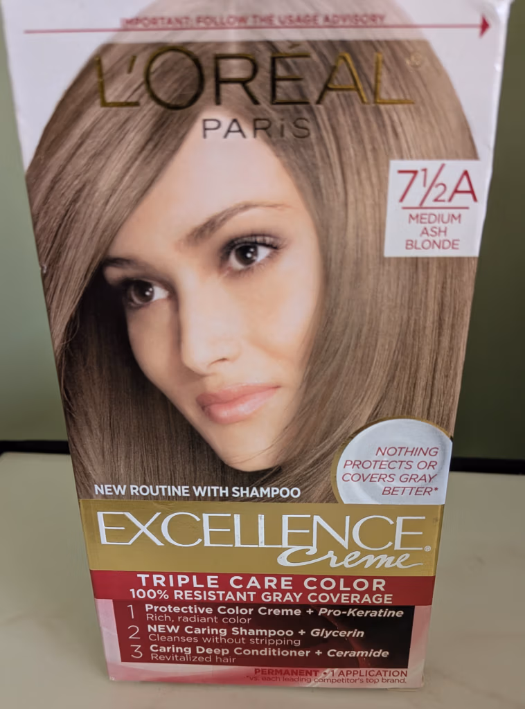 At-home hair color kit, or root touch-up; do it yourself hair coloring box dye semi-permanent hair color with gray coverage or white hair. L'Oreal Paris Excellence Creme - color, 7.5A Medium Ash Blonde.