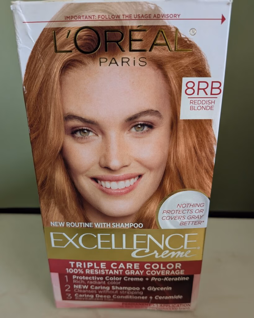 At-home hair color kit, or root touch-up; do it yourself hair coloring box dye semi-permanent hair color with gray coverage or white hair. L'Oreal Paris Excellence Creme - color, 8RB Reddish Blonde.